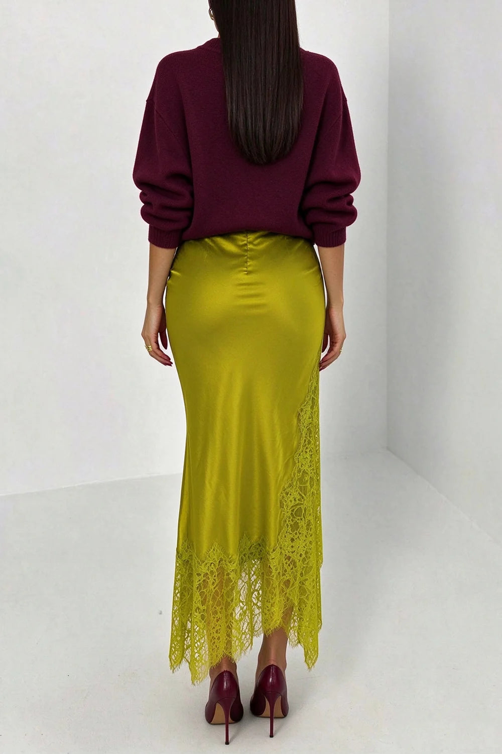 Burgundy Long Sleeve Sweatshirt and Olive Satin Lace Trim Midi Skirt Two Piece Set