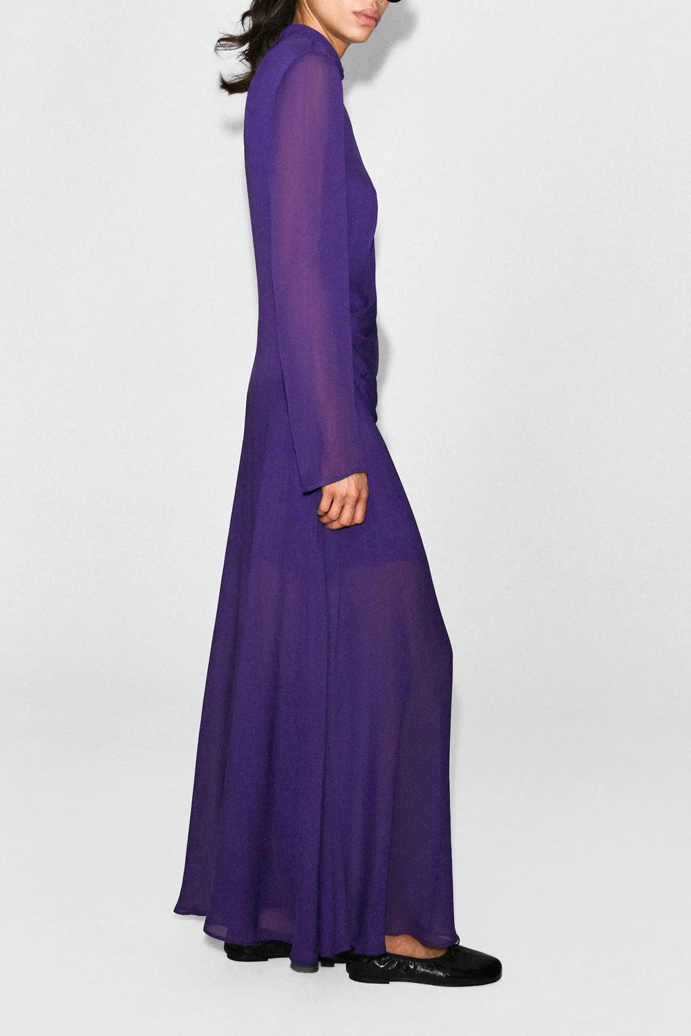 Purple High Neck Long Sleeve Sheer Chiffon Maxi Dress
