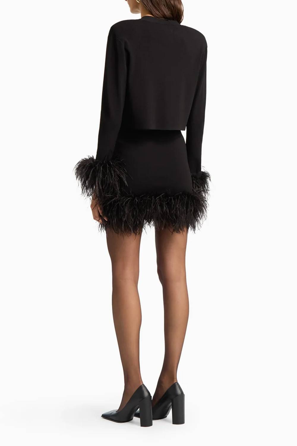Cropped Jacket & Feather Hem Mini Skirt Two Piece Set