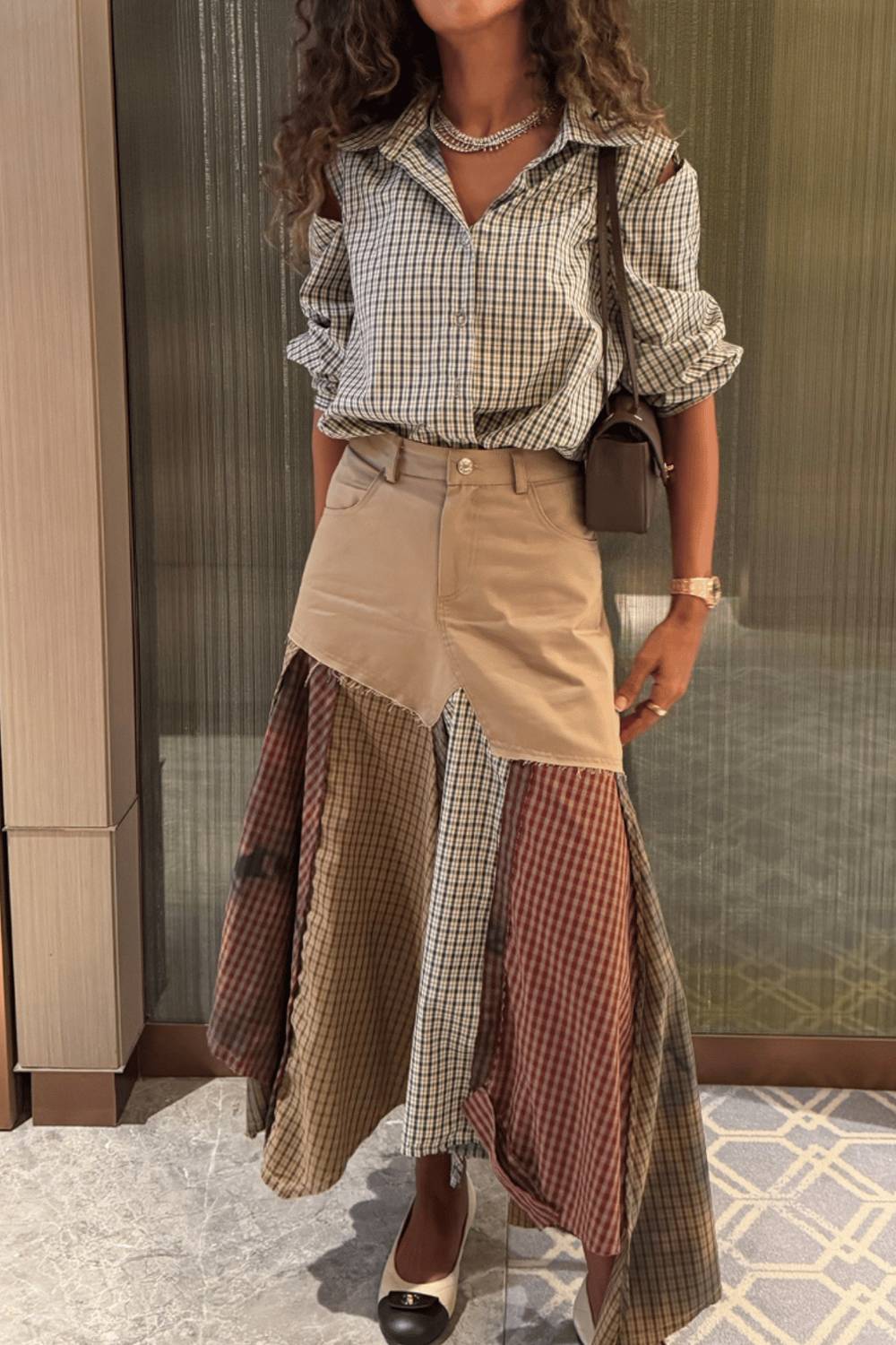 Plaid Cutout Shirt & Patchwork Midi Skirt Two Piece Set