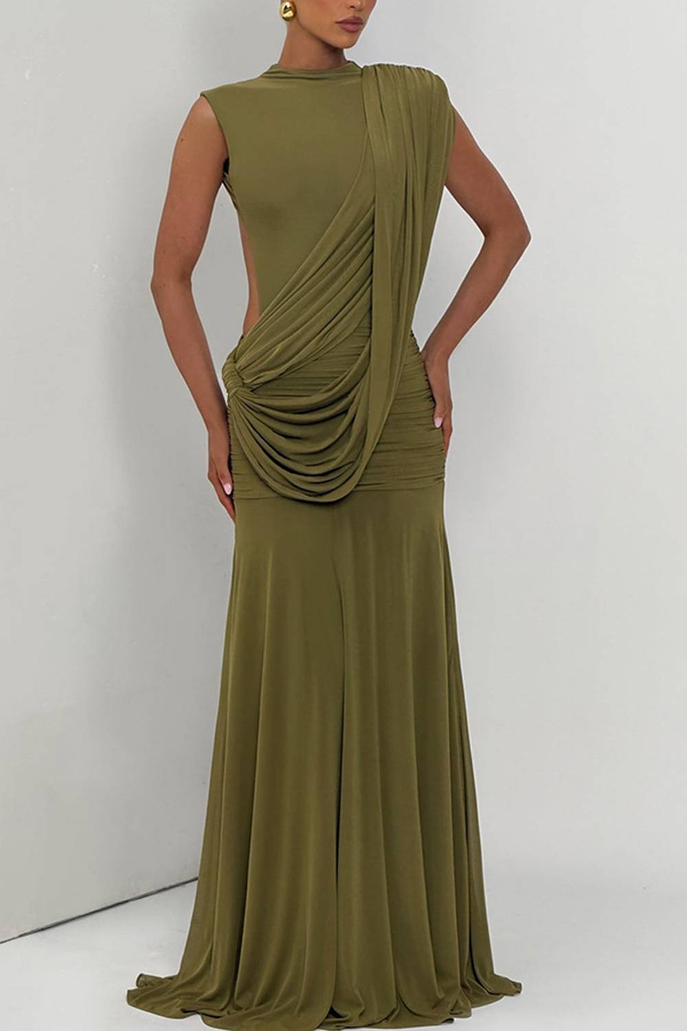 Sleeveless High Neck Draped Cut‑Out Maxi Evening Dress