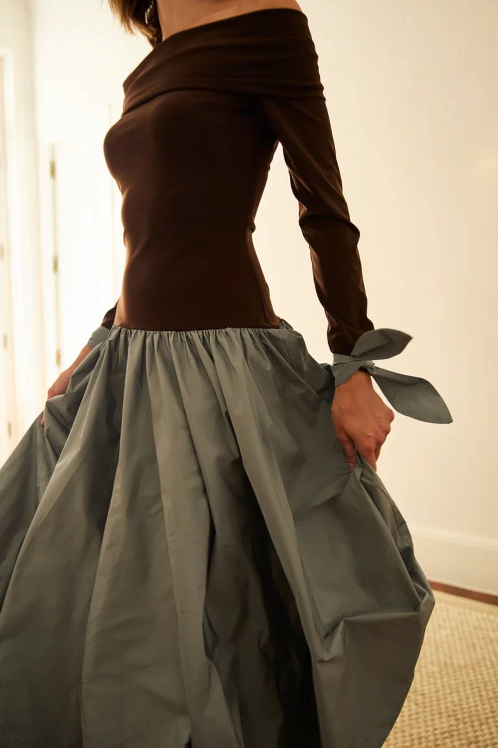 Off Shoulder Long Sleeve Color Block Midi Dress