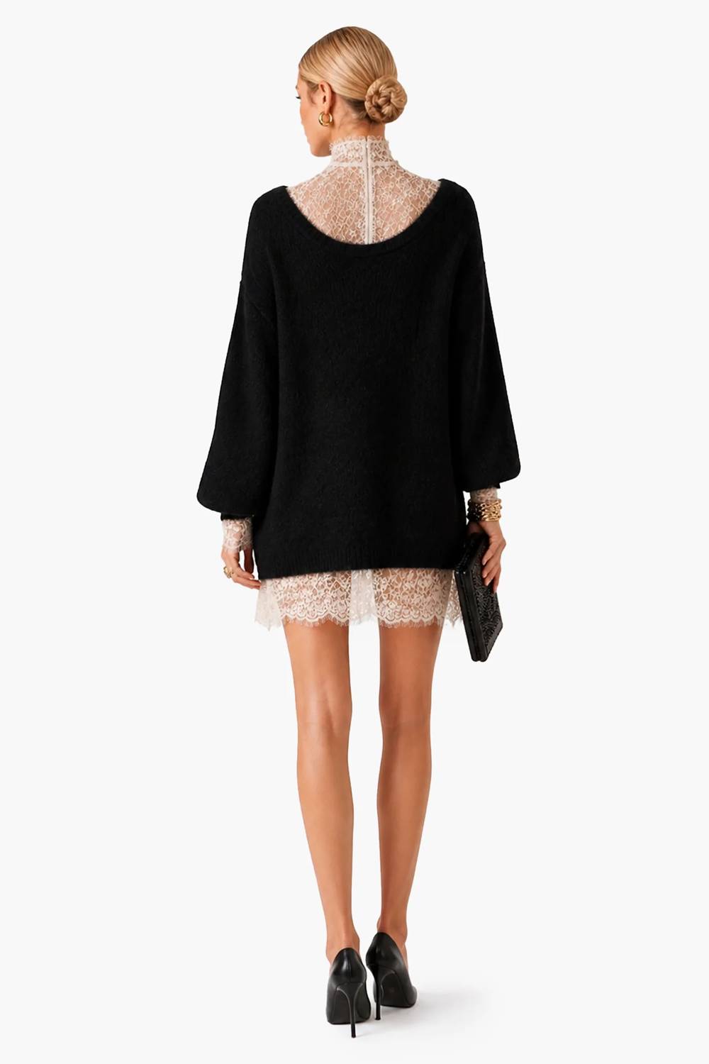 Vestido mini elegante de renda para mulher, com gola subida