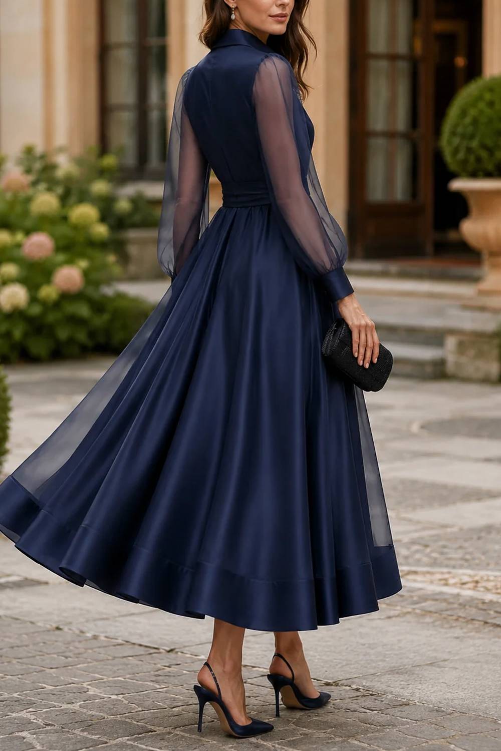 Vestido camisero vintage con mangas transparentes, cinturón y solapas