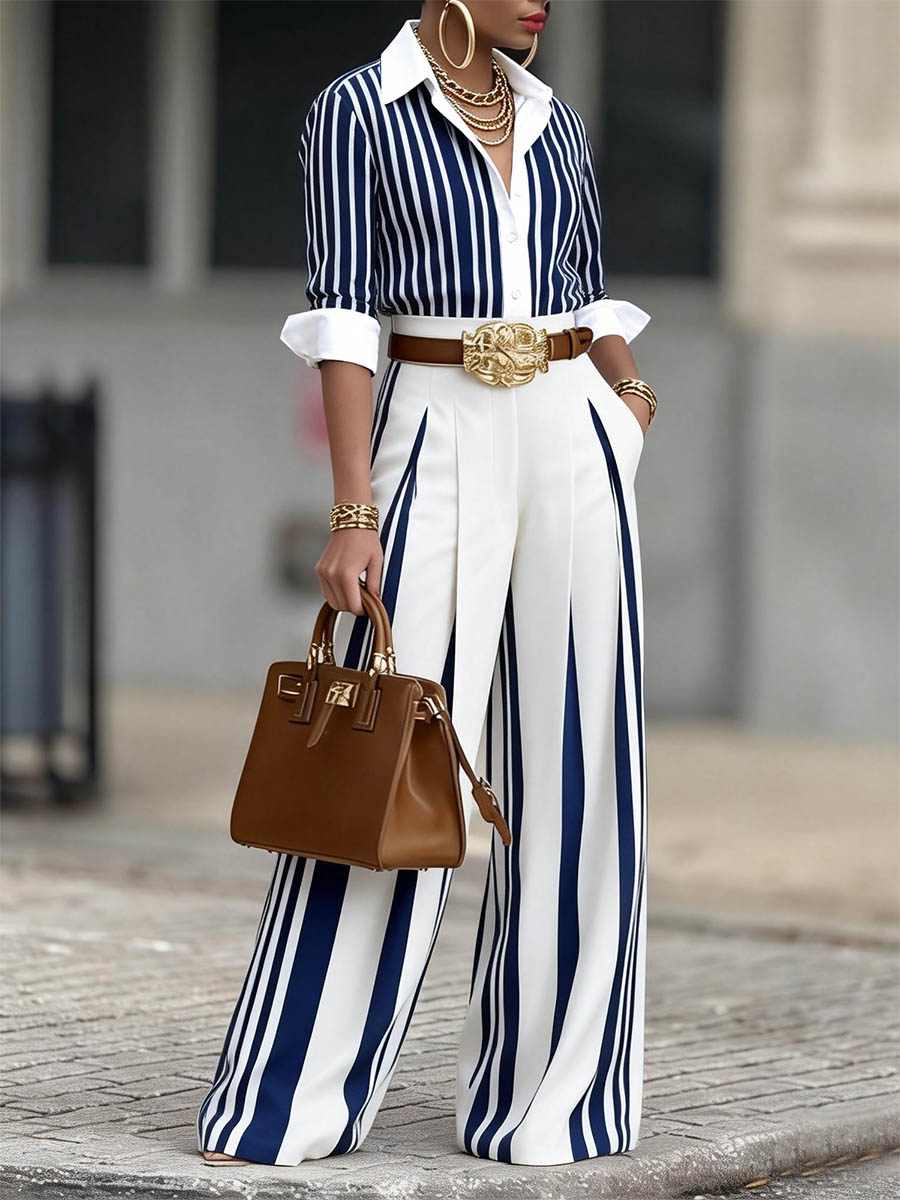 Elegante set con camicia a righe e pantaloni a vita alta e gamba larga