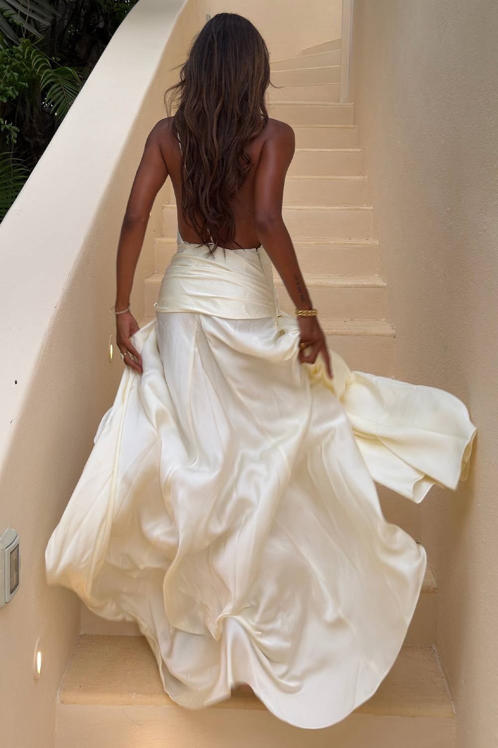 V Neck Ruffle Strap Satin Maxi Dress