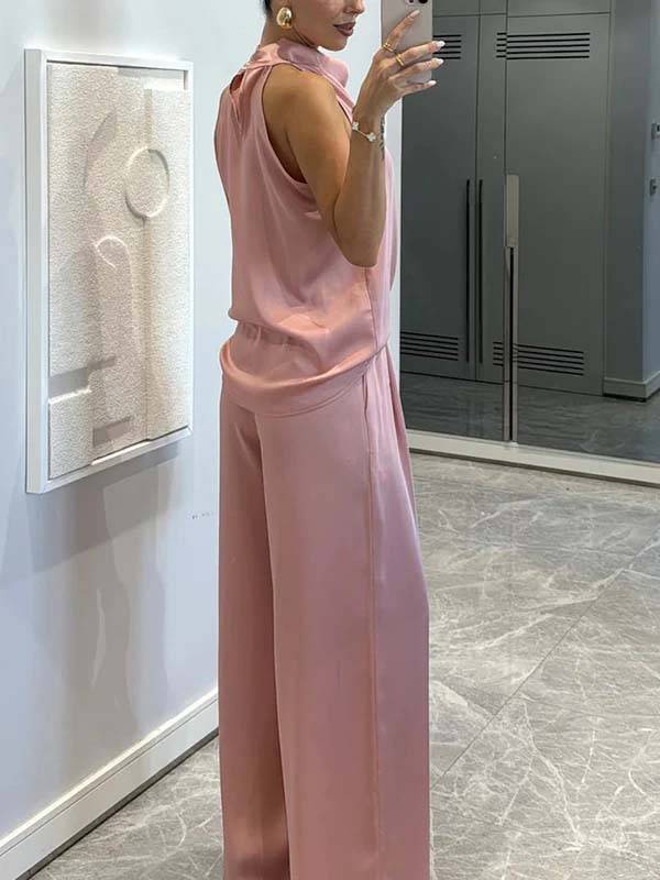 Elegant Halter Neck Swing Collar Top And Wide Leg Pants Suit-Top