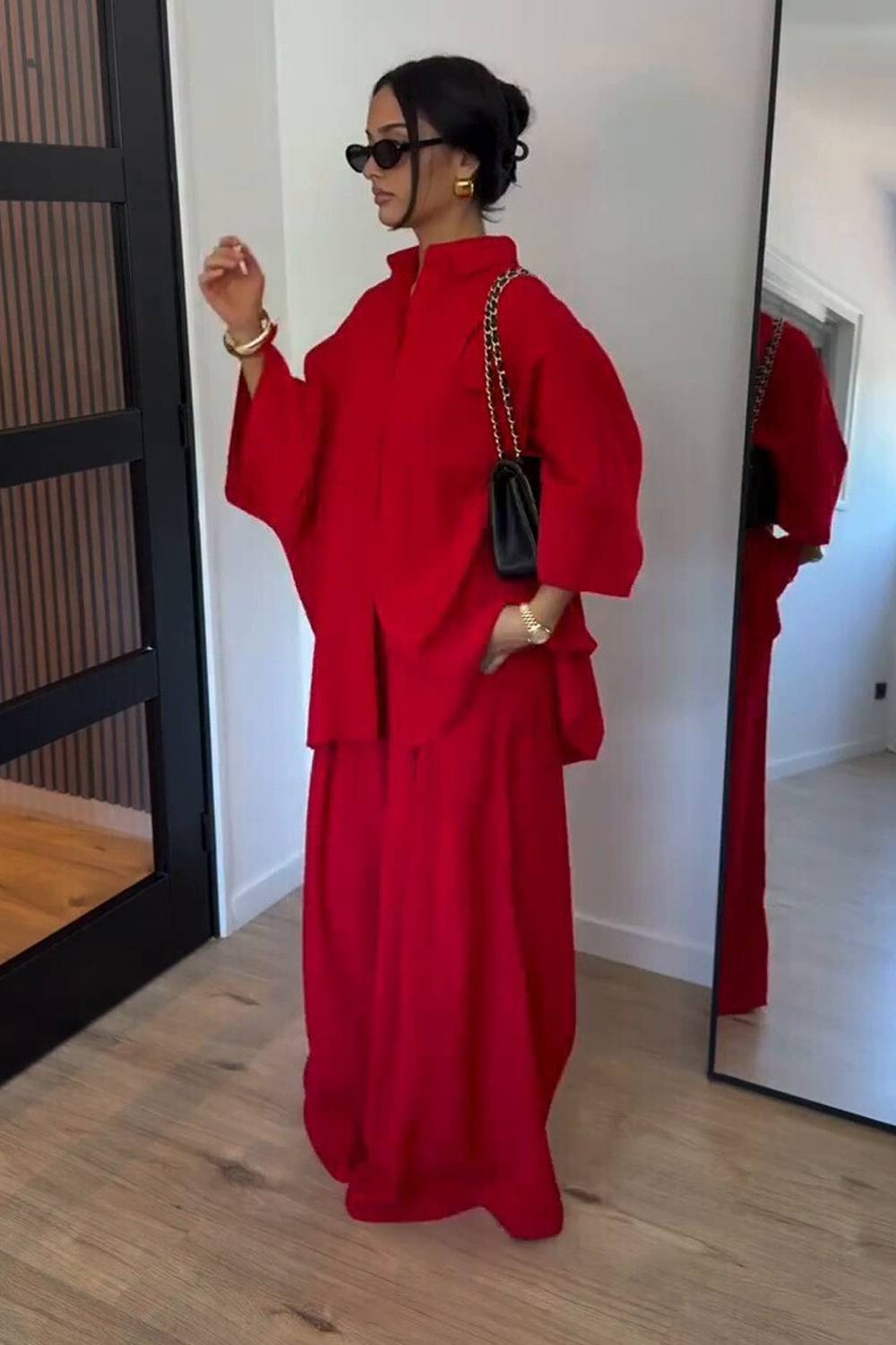 Oversized Lapel Button‑Up Shirt & Wide Leg Pants 2‑Piece Set