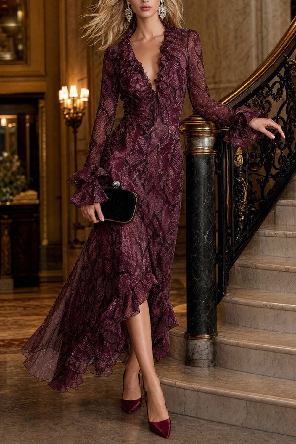 Vestido largo vaporoso con estampado de serpiente, volantes, escote en V y mangas largas
