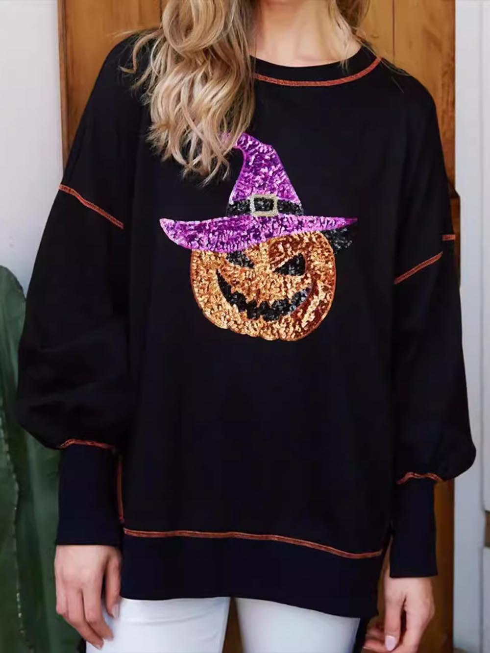 Camisola oversized com lantejoulas em forma de abóbora e costuras invertidas