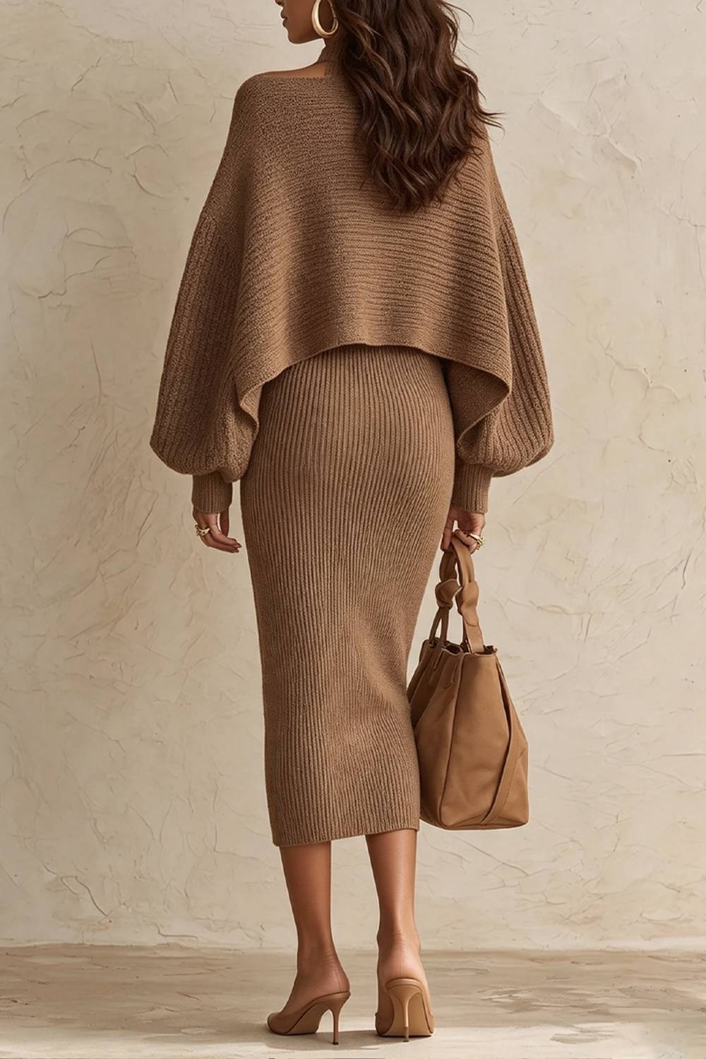 Completo a due pezzi con abito in maglia al polpaccio con scollo all’americana e cardigan con maniche a lanterna