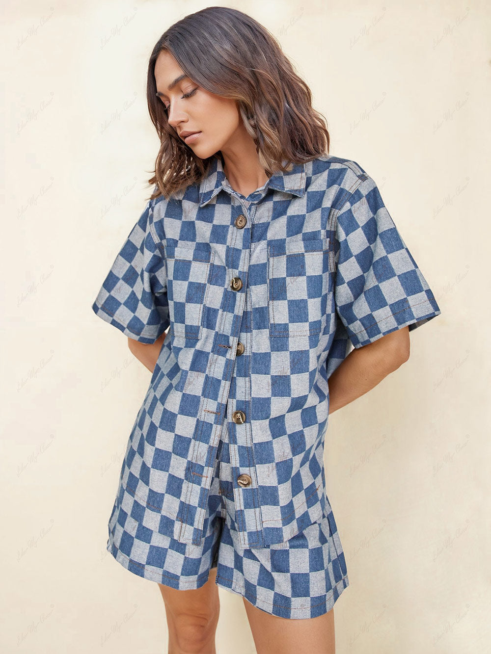 Camicia di jeans ampia con stampa a quadri