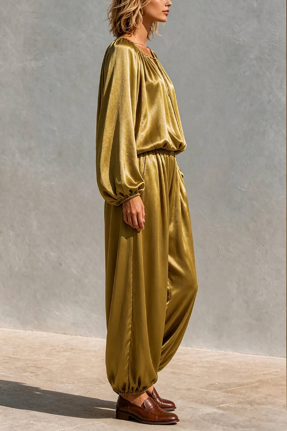 Tie‑Neck Balloon Sleeve Blouse & Elastic Cuff Wide‑Leg Pants Two‑Piece Set With Pockets