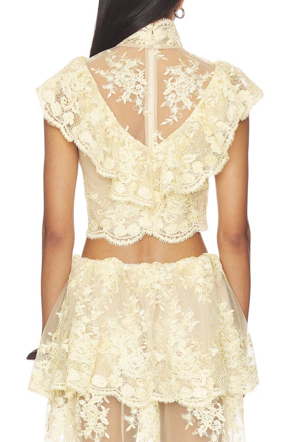 Sheer Lace Two Piece Outfit Ruffle Crop Top & Maxi Skirt Set