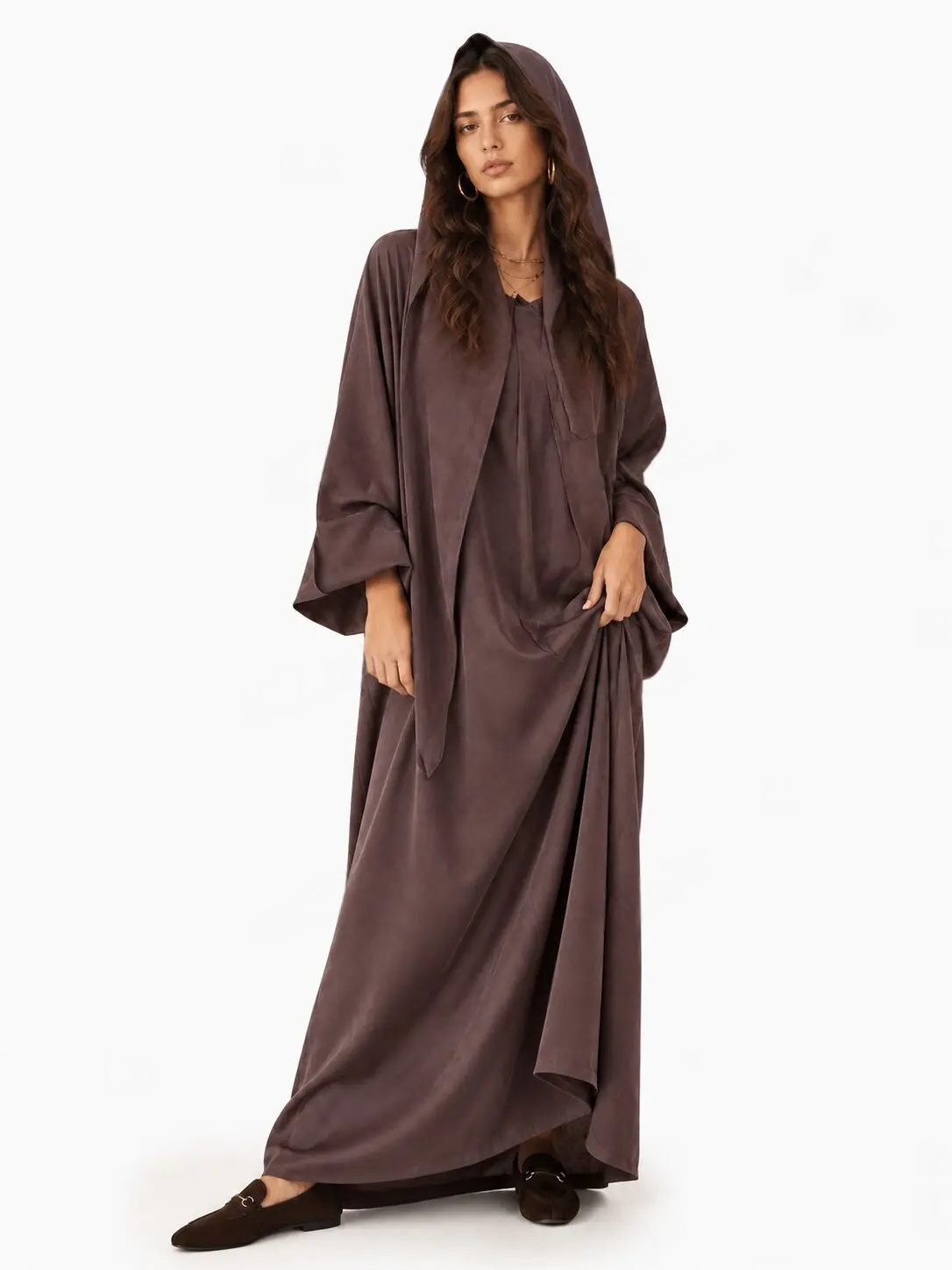 Hooded Flare Sleeve Maxi Dress, Loose Flowy Modest Long Dress For Ramadan & Daily Wear