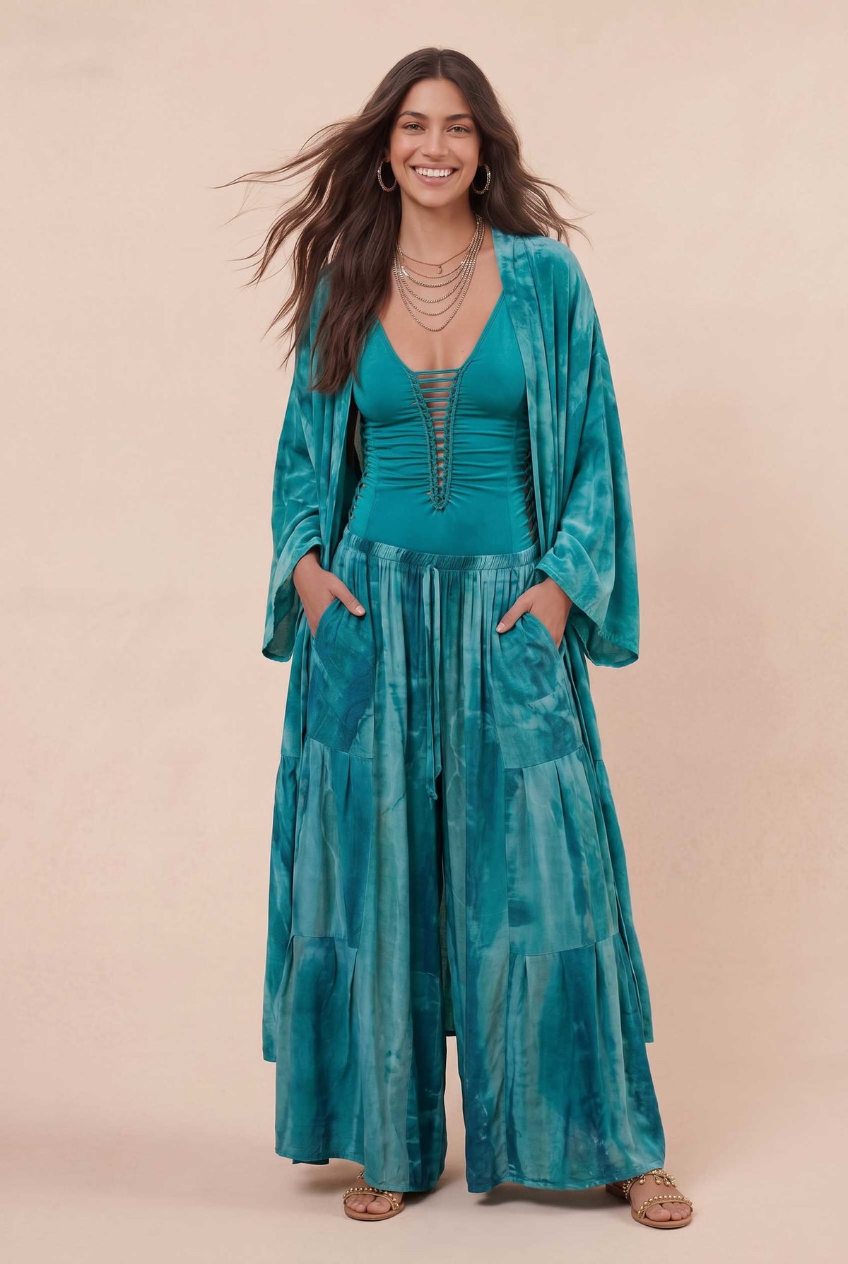 Printed Cardigan And Wide Leg Pants Set