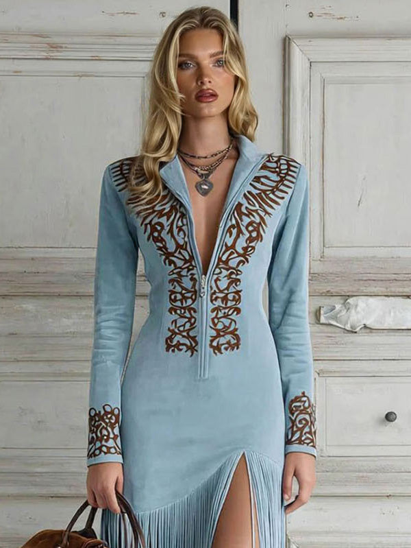 Abito western vintage in pelle scamosciata con mezza zip e frange