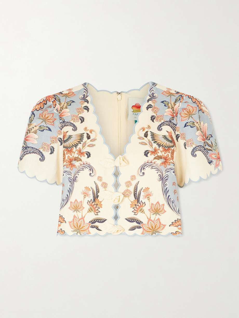 Vintage Chinoiserie Print Two-Piece Set – Scalloped Edge Frog-Closure Top & Wrap Midi Skirt