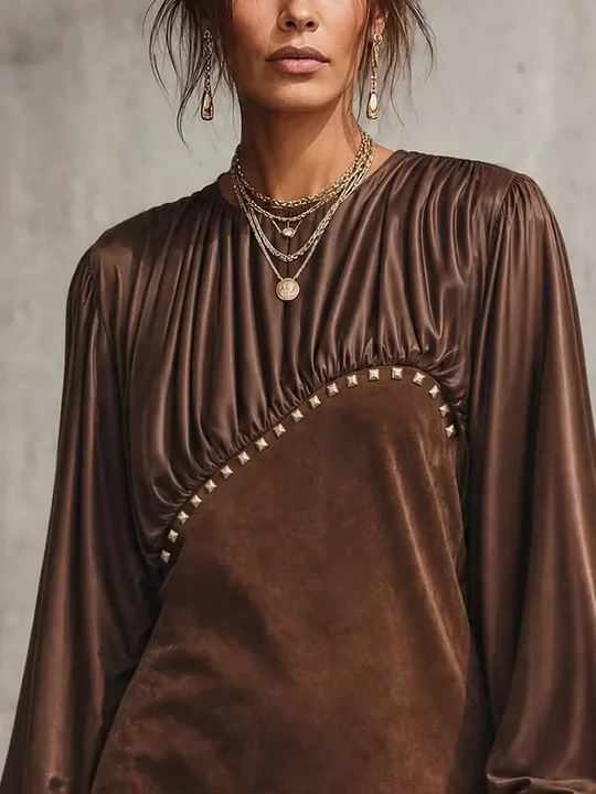 Brown Spliced Studded Balloon Long Sleeve Loose Shift Mini Dress