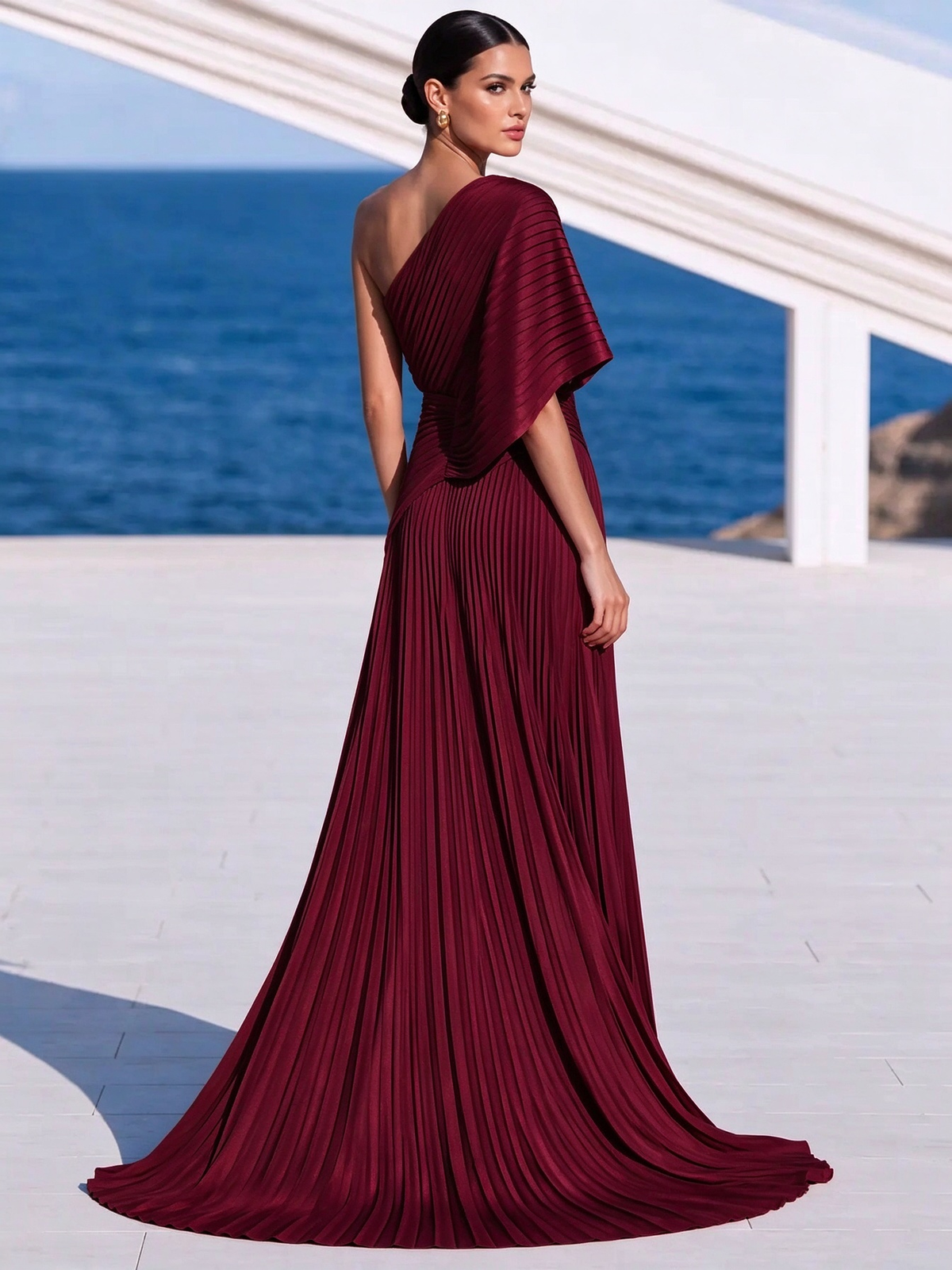 Vestido largo plisado naranja vibrante de un solo hombro – vestido de estilo griego