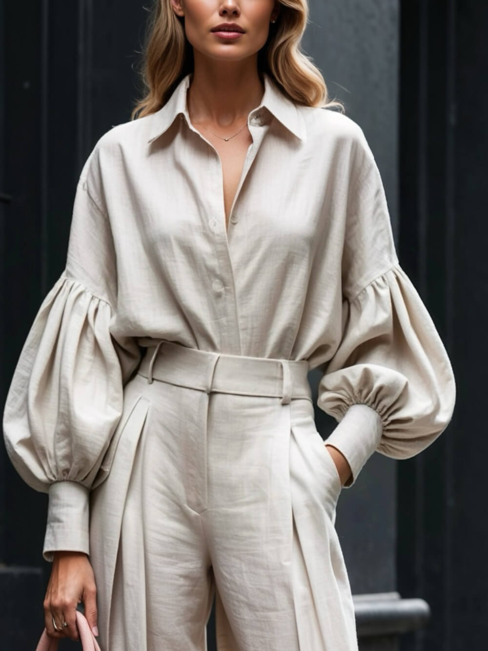 Fashionable Casual Solid Color Lantern Sleeve Loose Button-Down Oversized Shirt