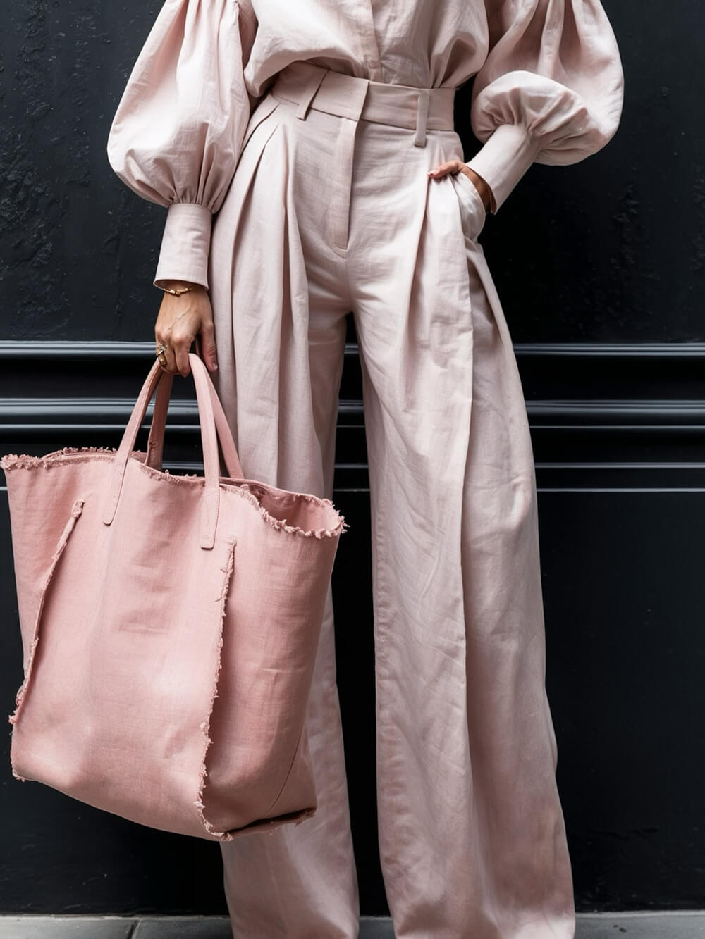 Fashionable Casual Solid Color Unique Pleated Pocket High Waist Wide Leg Pants