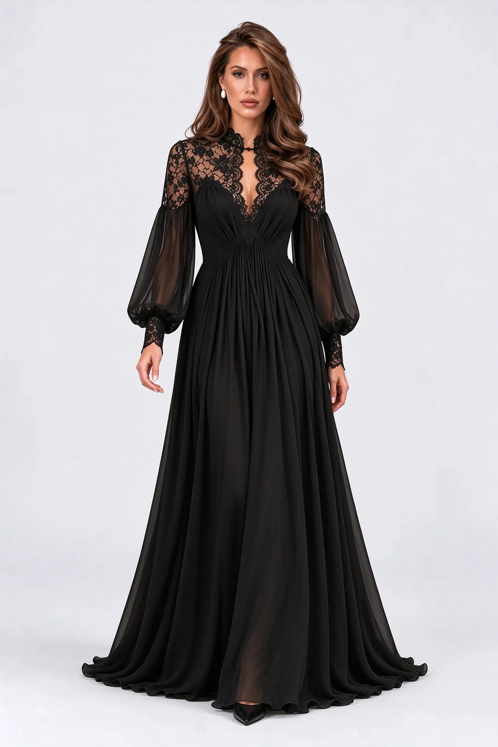 Black Lace Panel Long Lantern Sleeve Floor Length Evening Maxi Dress [erp-image:accb5b6d960bd554e1bcdf7b]