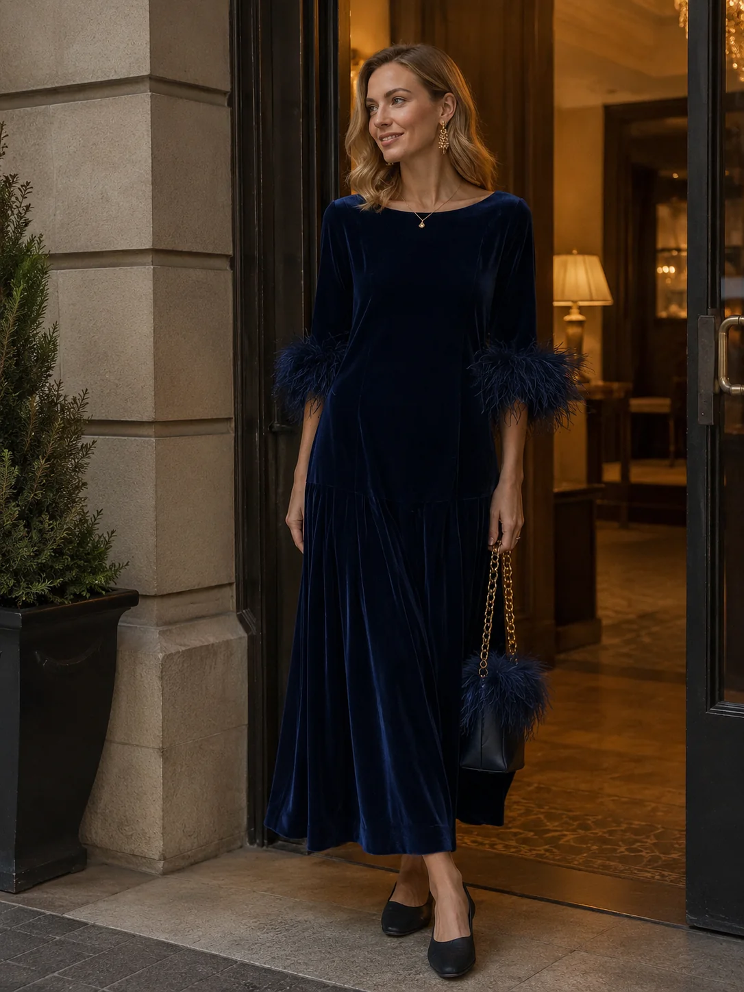 Vintage Luxe Velvet Relaxed-Fit Navy Blue Feather-Trim Maxi Dress