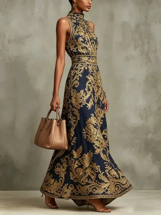 Vestido de noite maxi azul-marinho com estampado barroco dourado, de atar ao pescoço e sem mangas