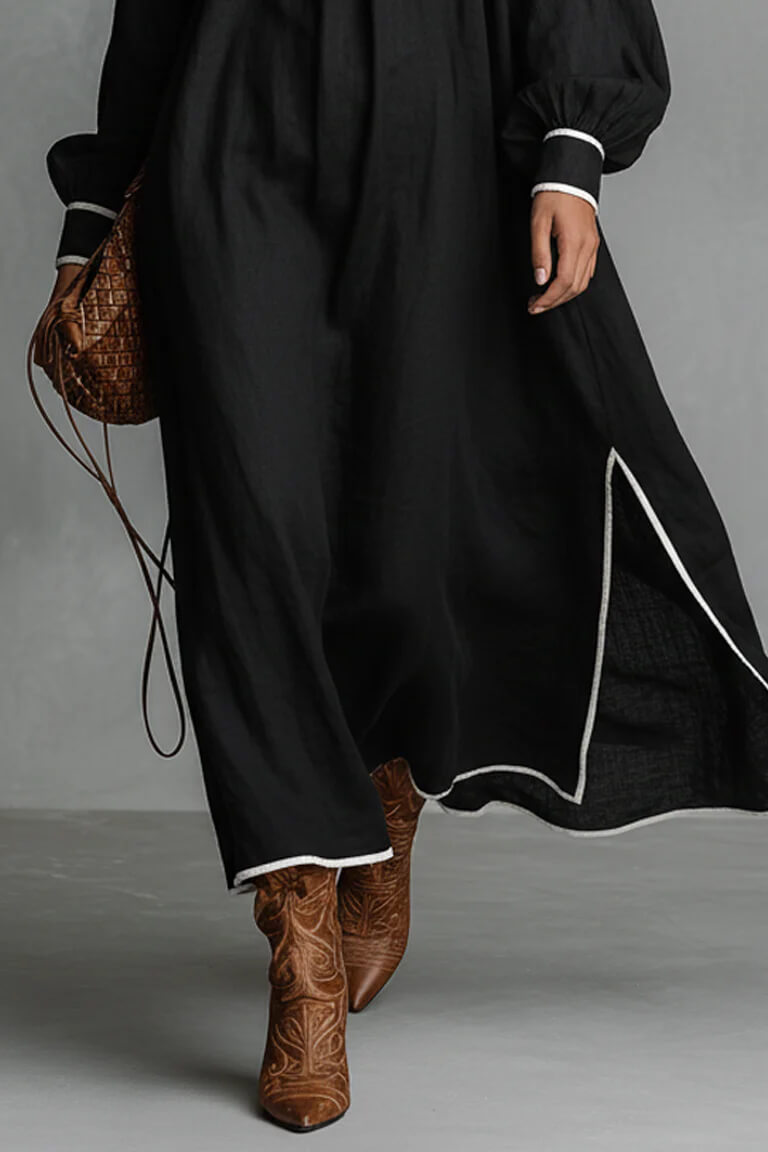 Abito maxi casual ampio in lino, con finiture a contrasto, bordini bianchi e spacco