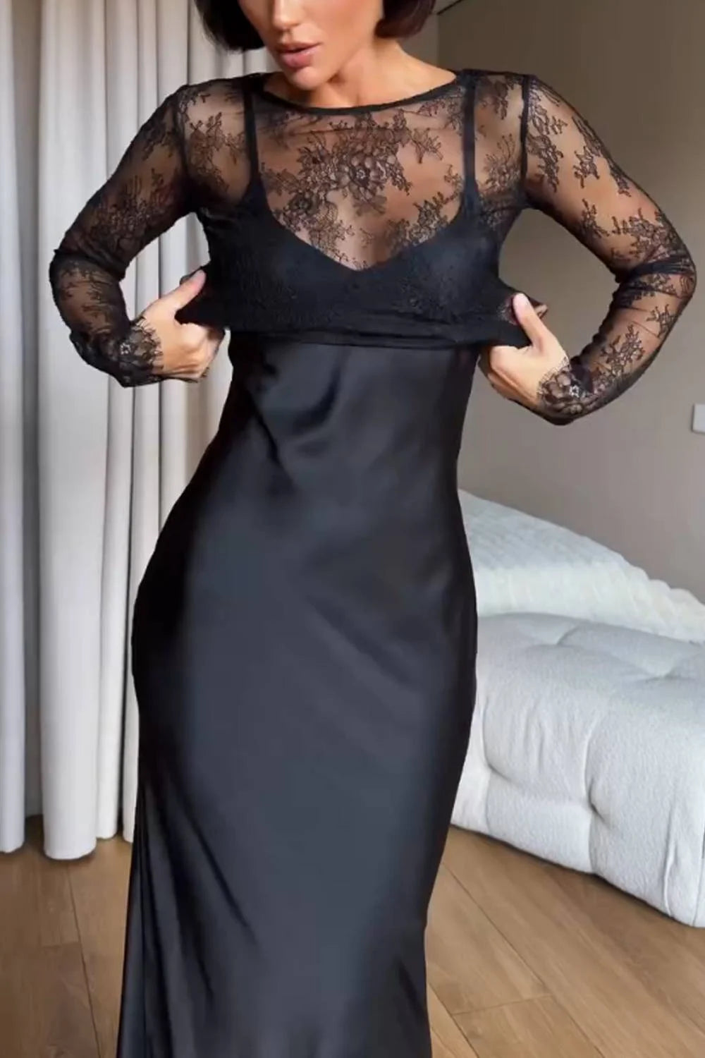 French Vintage Black Lace Long-sleeve Top and Satin Dress Two-piece Set