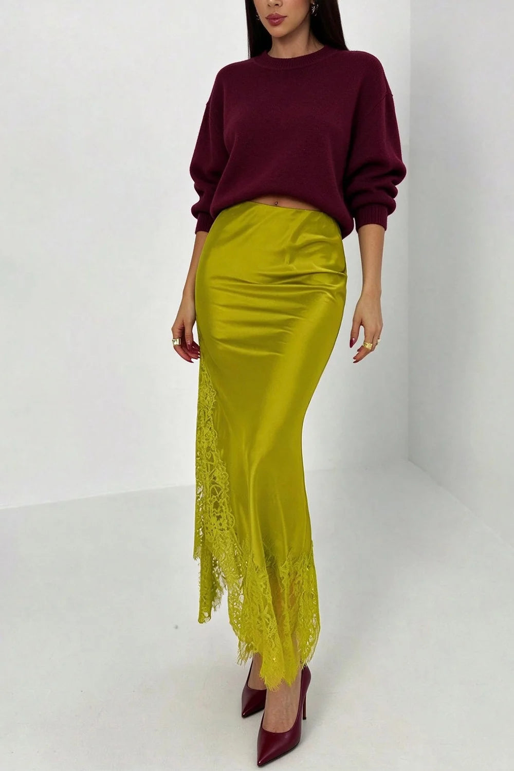 Burgundy Long Sleeve Sweatshirt and Olive Satin Lace Trim Midi Skirt Two Piece Set