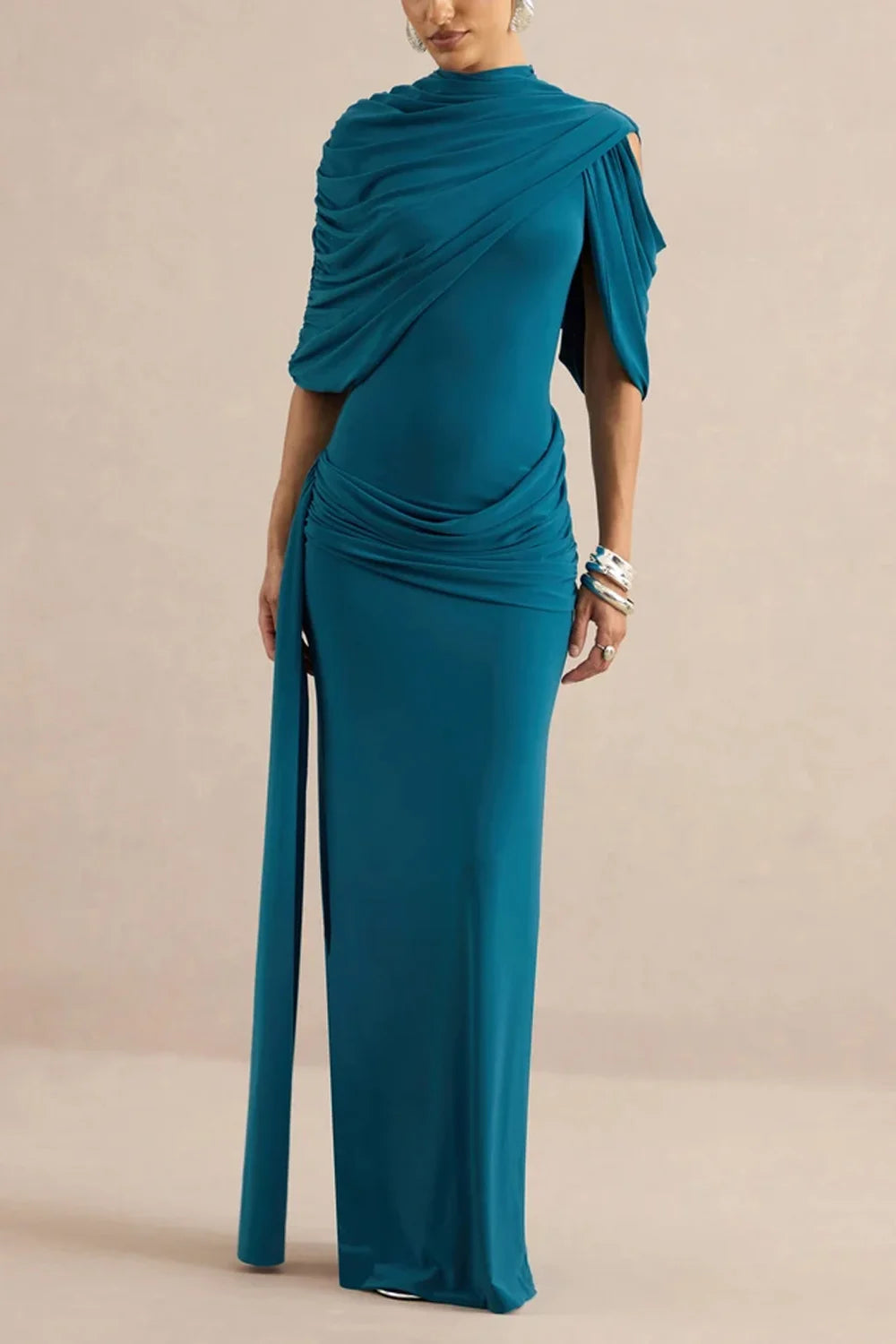 High Neck Draped Cape Asymmetric Ruched Maxi Dress with Slit