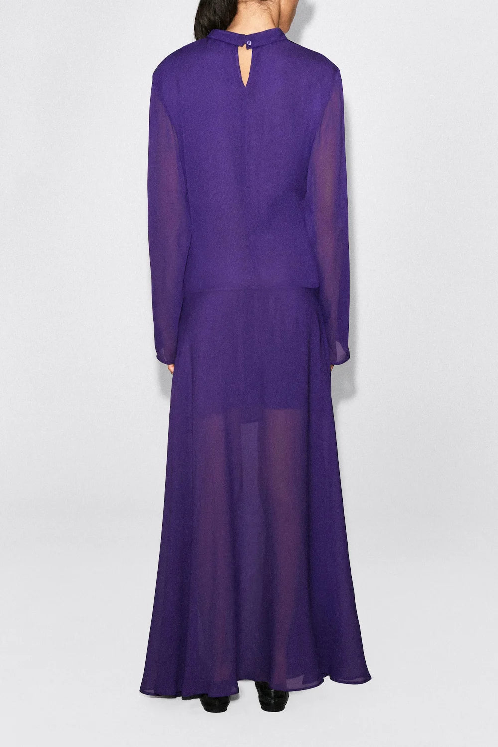 Purple High Neck Long Sleeve Sheer Chiffon Maxi Dress