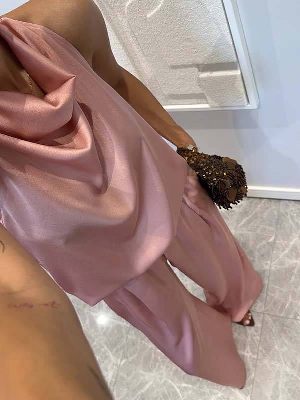 Elegant Halter Neck Swing Collar Top And Wide Leg Pants Suit-Pants