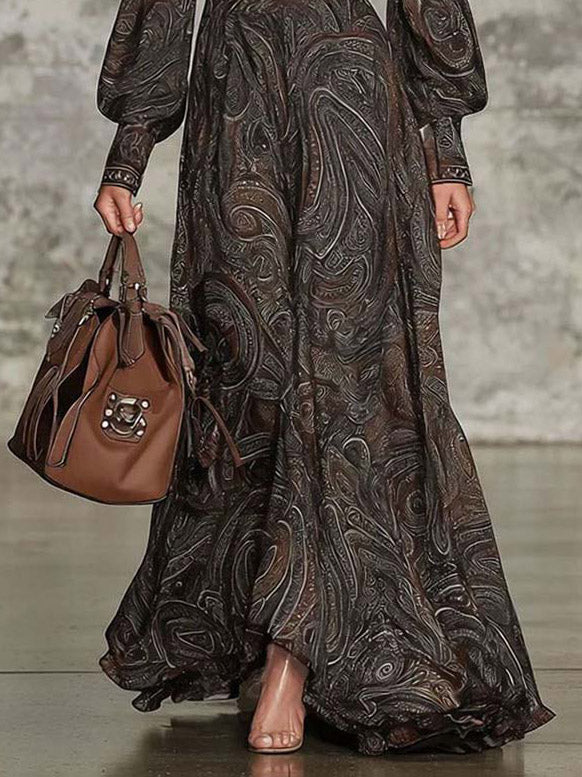 Vestido maxi retro com estampado paisley e fecho de correr