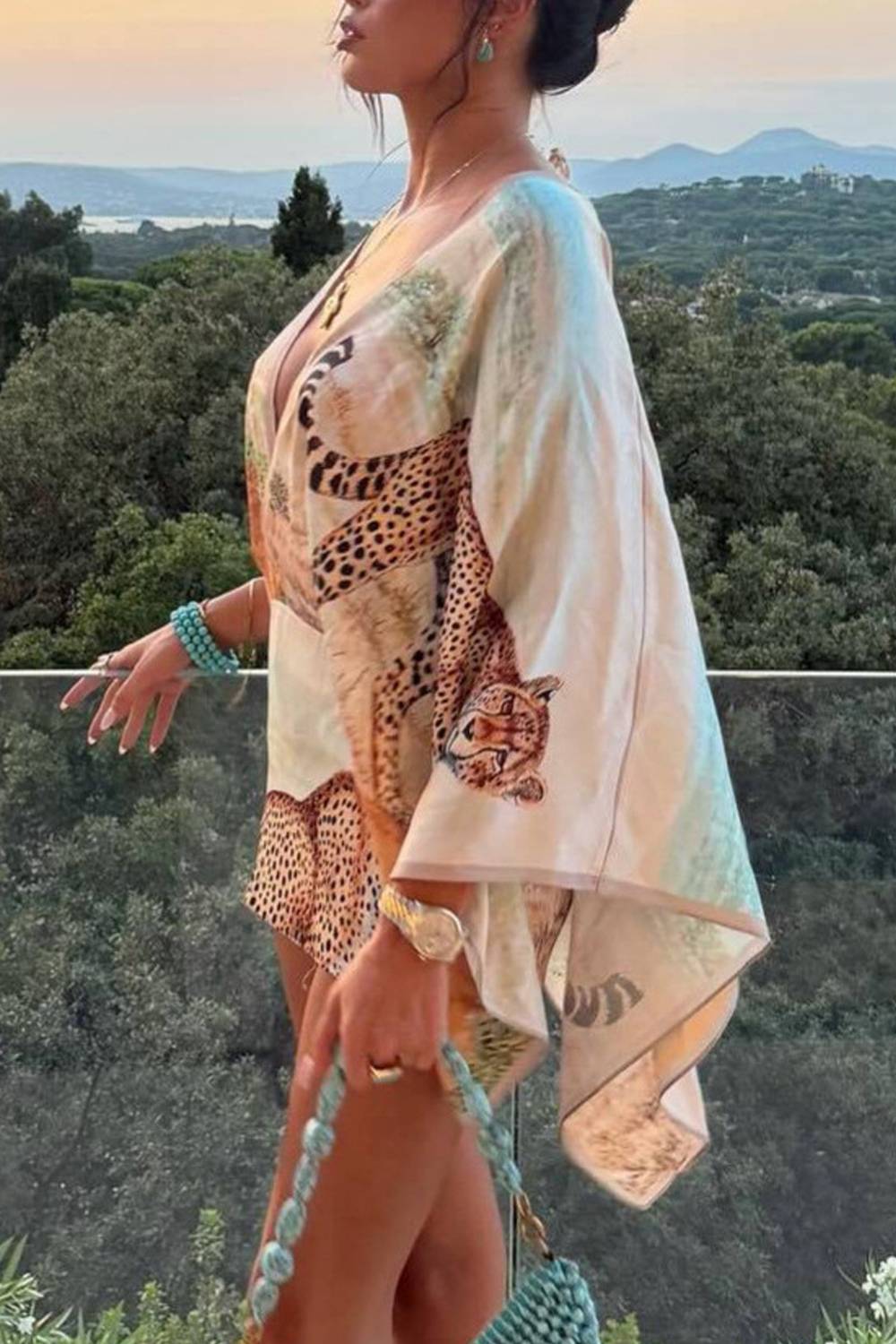Deep V‑Neck Wide Flare Sleeve Leopard Landscape Print Wrap Mini Dress