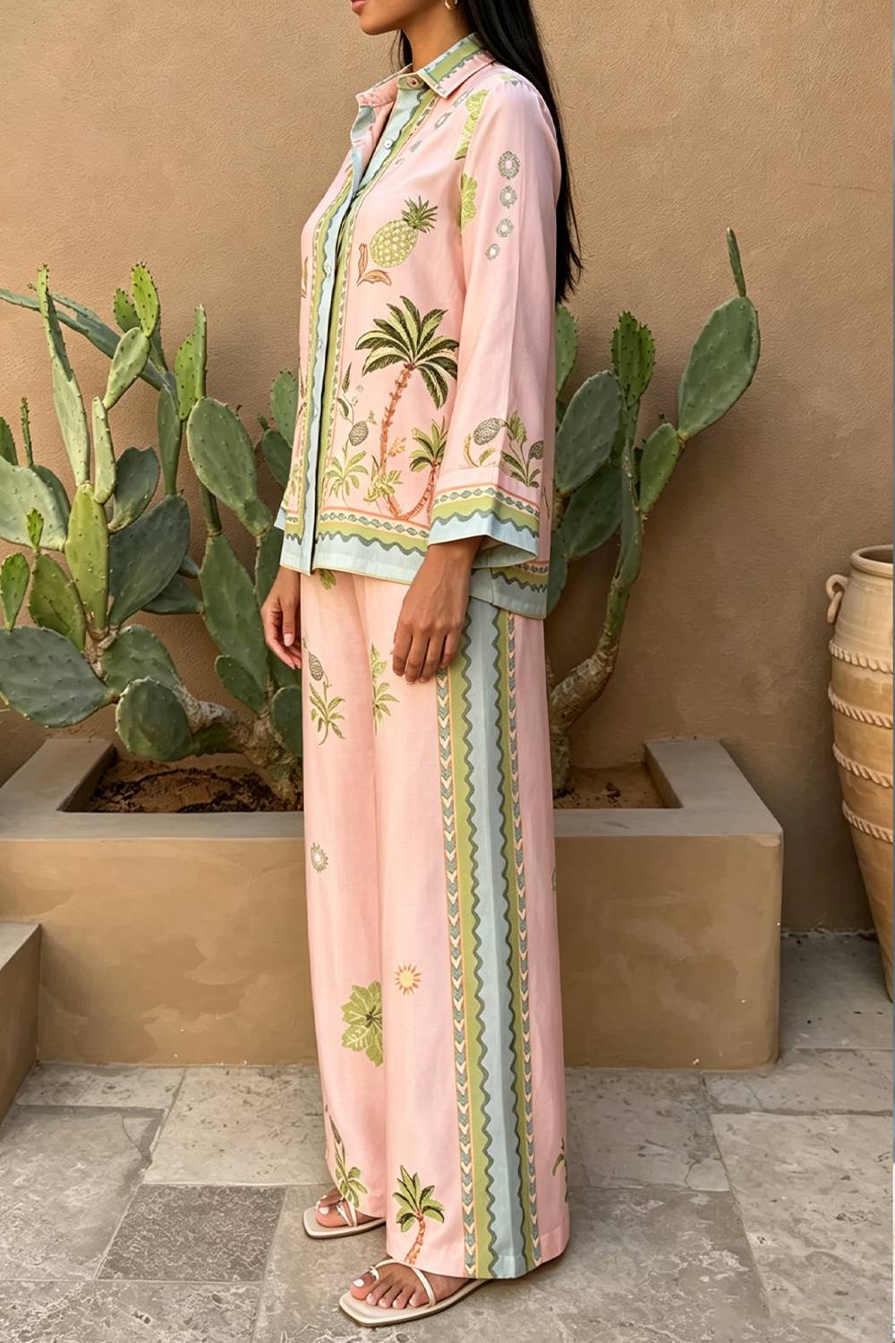 Completo due pezzi tropicale con camicia con revers e pantaloni a gamba larga