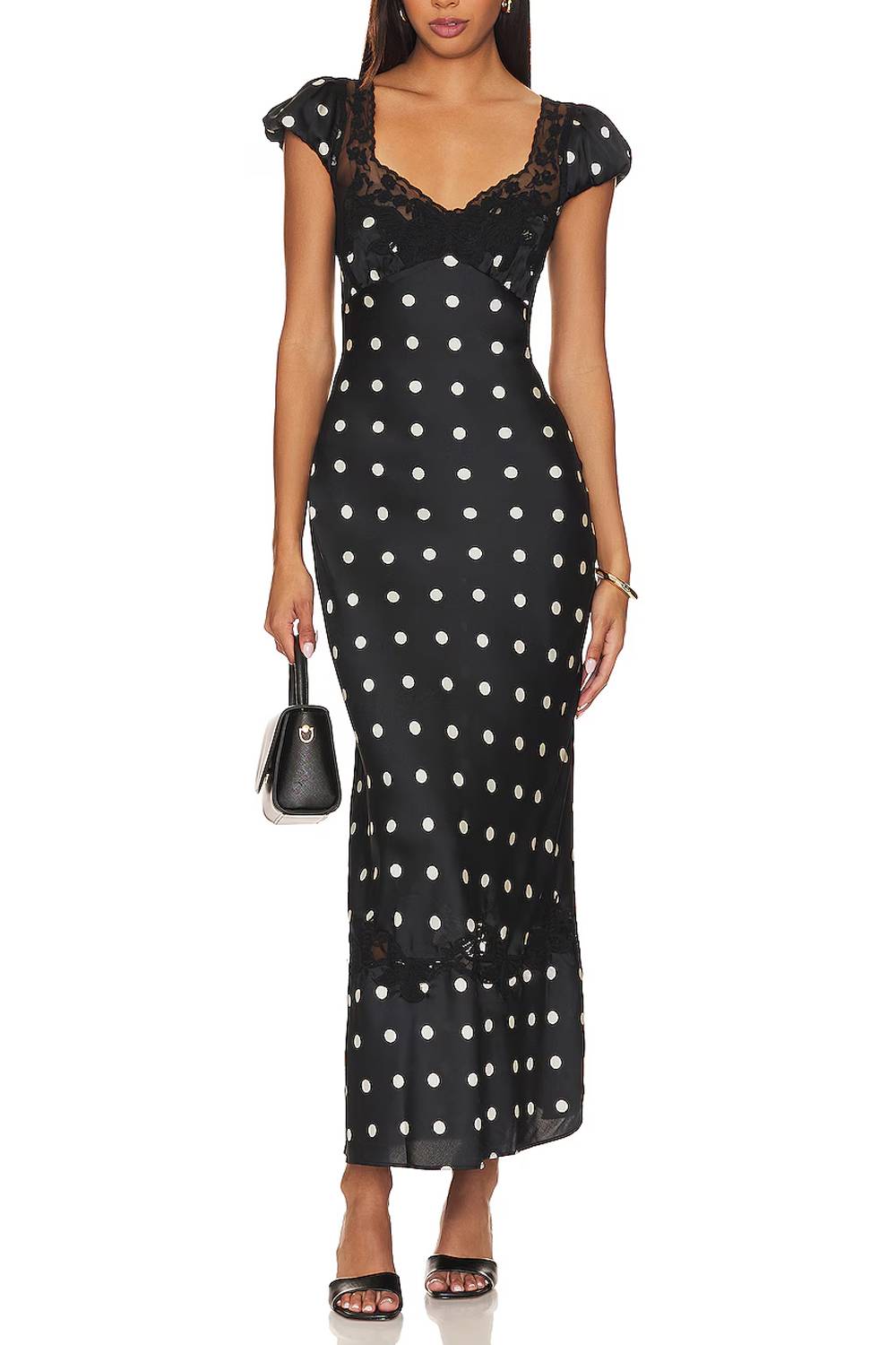 Vestido com decote em V, aplicações de renda, mangas balão e padrão de bolinhas