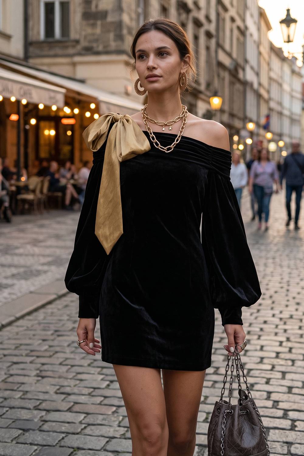 Vestido de festa mini justo ao corpo, com ombros descobertos, laço grande contrastante e mangas compridas bufantes
