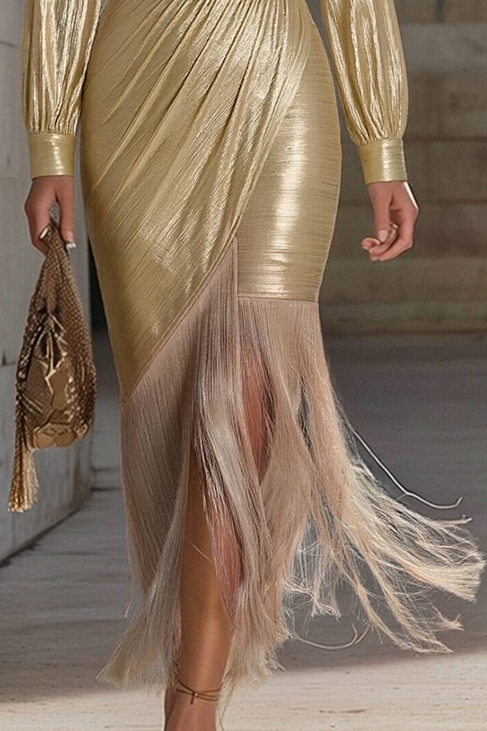 Vestido de noite midi metalizado, cruzado, de manga comprida, com franjas e cinto
