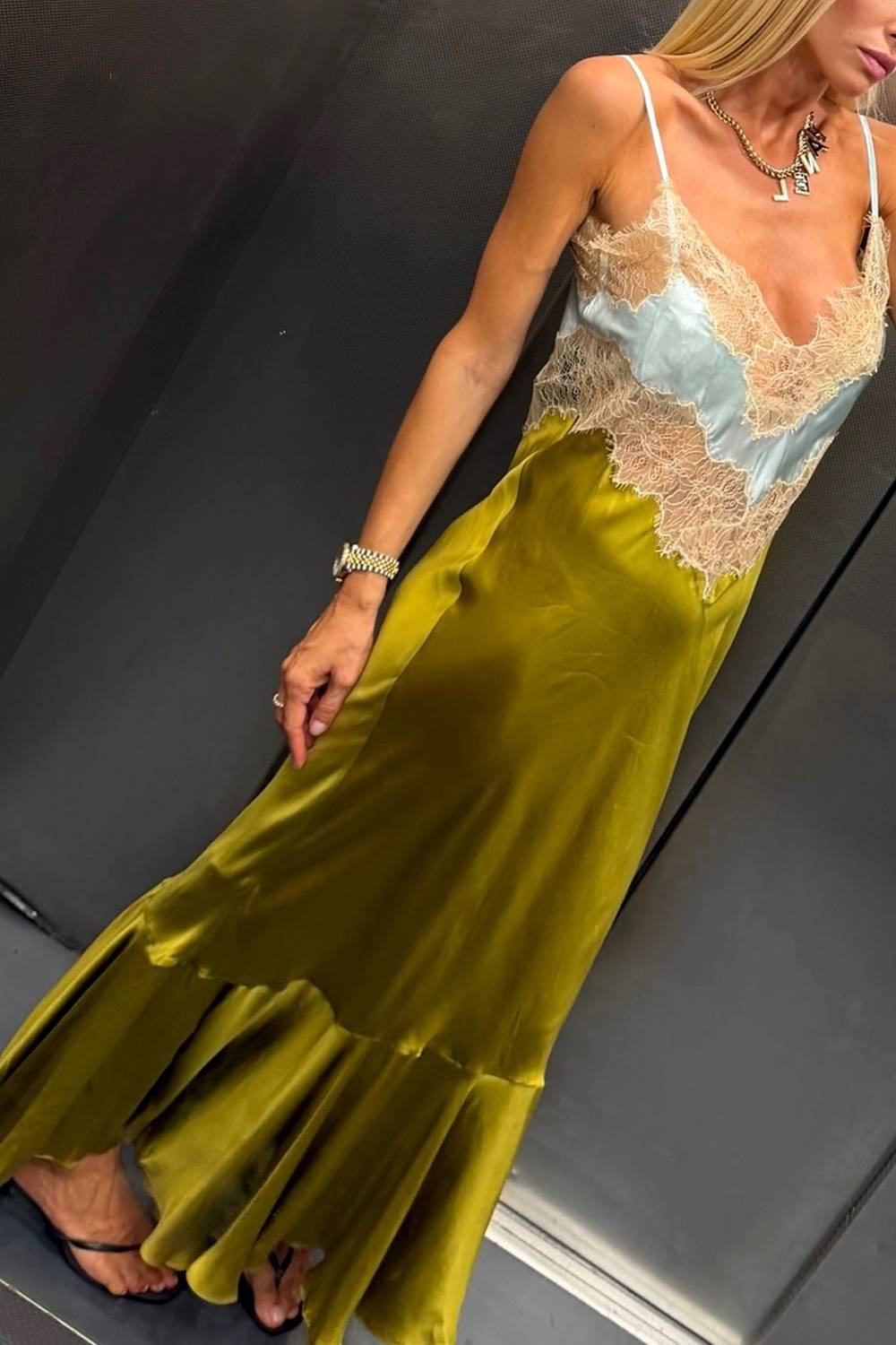 Women Satin Slip Lace Spliced Mermaid Maxi Dress