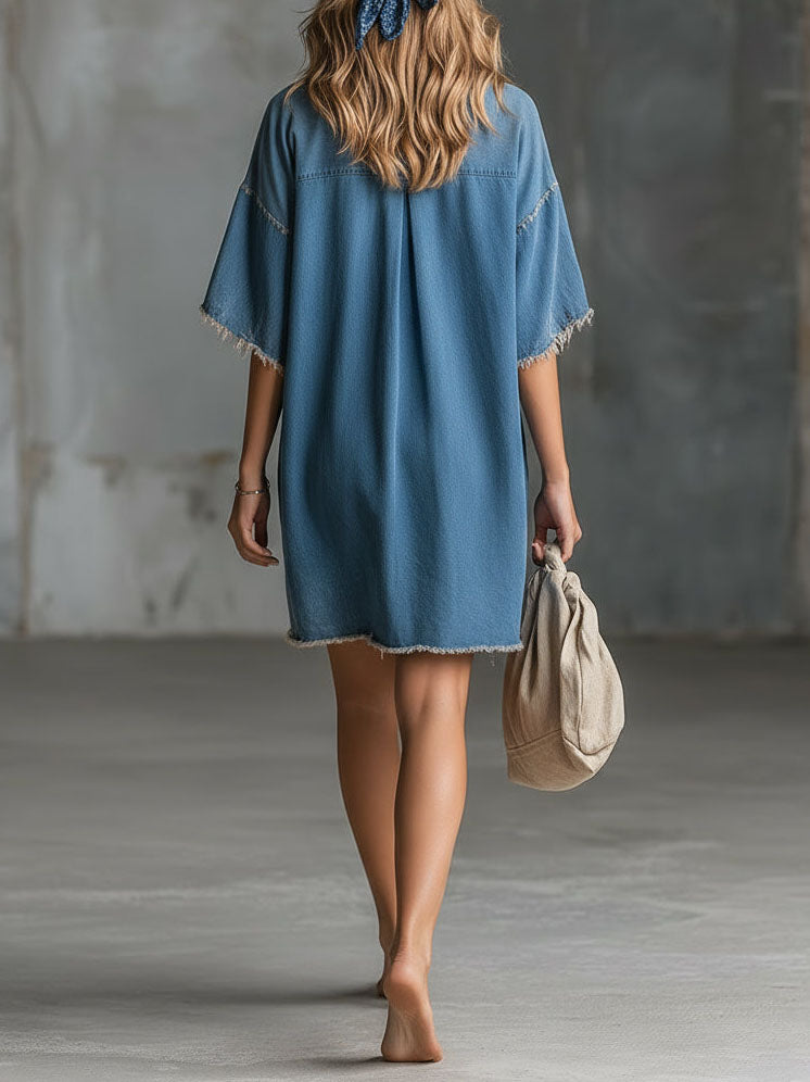 Robe courte décontractée en jean effiloché à manches courtes