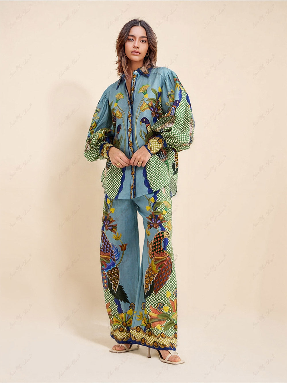 Conjunto casual de vacaciones con estampado exclusivo, mangas abullonadas y cordón