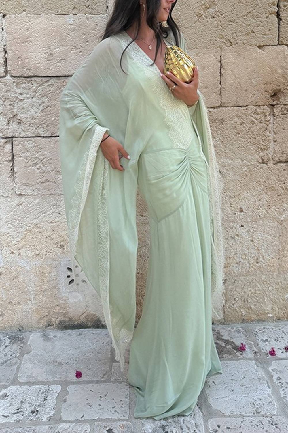 V‑Neck Lace Trim Kimono Sleeve Ruched Maxi Evening Dress