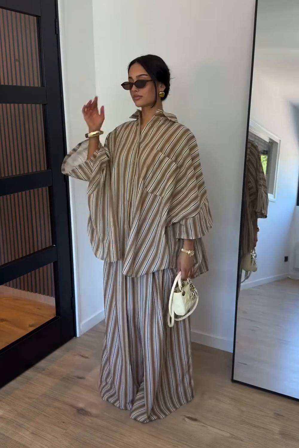 Ensemble deux pièces à rayures, chemise oversize à col et boutons et pantalon large
