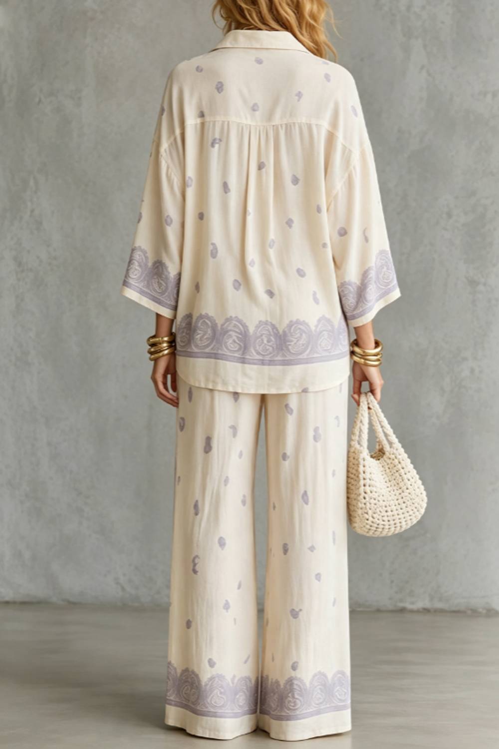 Conjunto vintage de camisa holgada estampada Lar y pantalones de pernera ancha