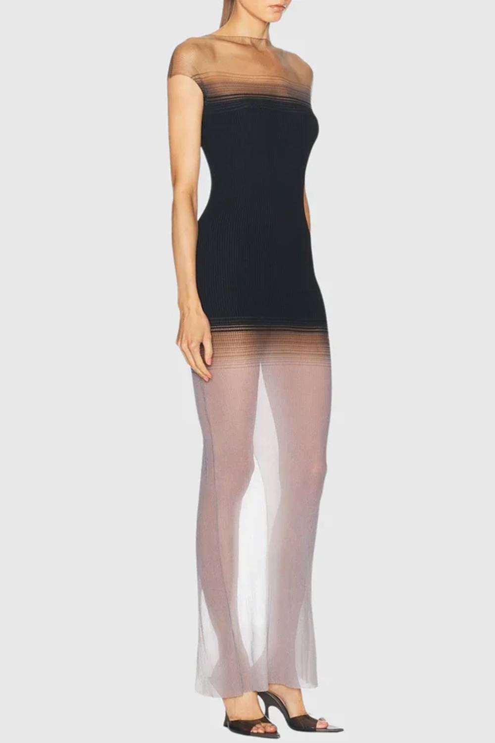Robe longue en tulle dégradé transparent à manches courtes, pour femme