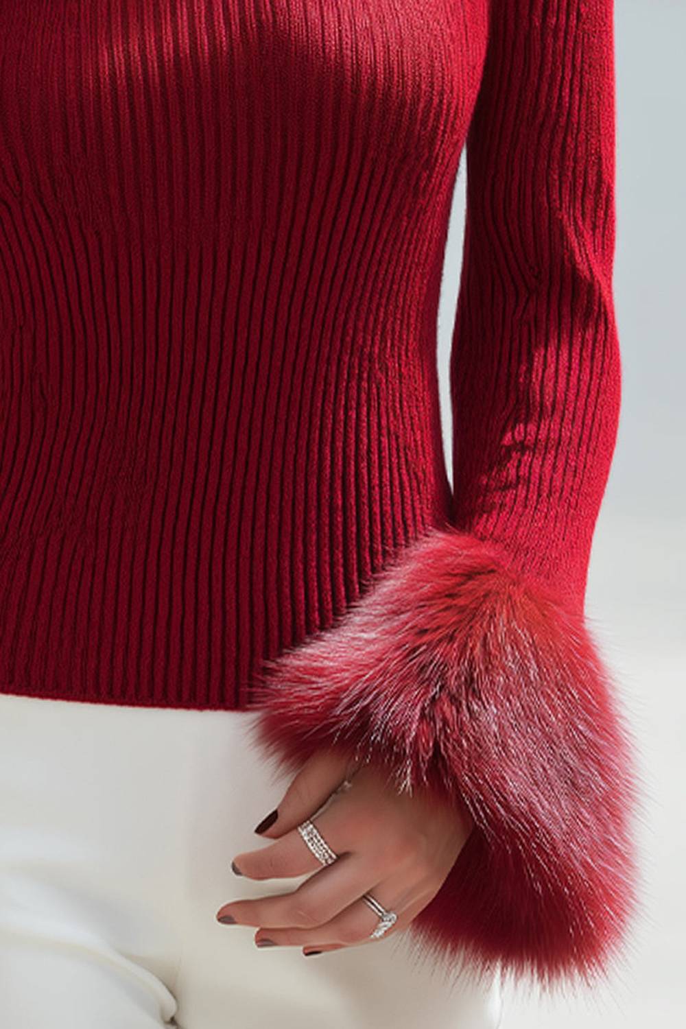 Faux Fur Cuffs Boat-Neck Ribbed Knit Sweater