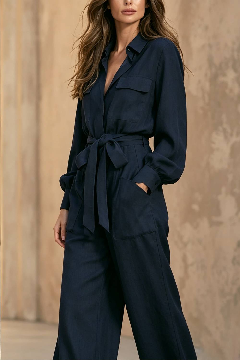 Collared Long Sleeve Belted Wide‑Leg Utility Jumpsuit